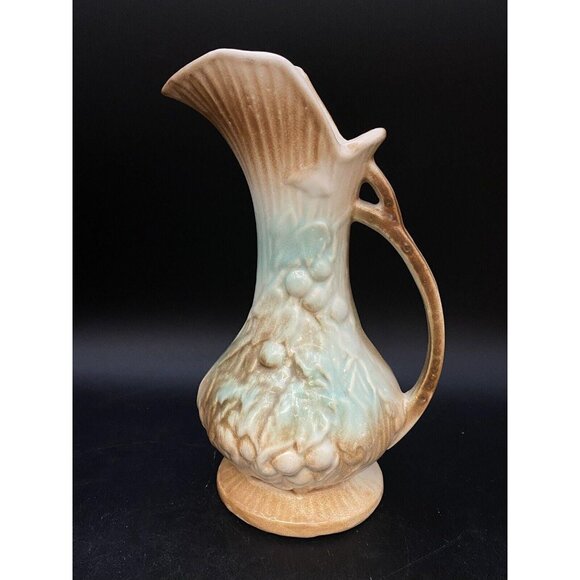 McCoy Pottery Footed Pitcher Vase Aqua Blue Brown Leaves Grape Vine Vintage - Picture 4 of 9